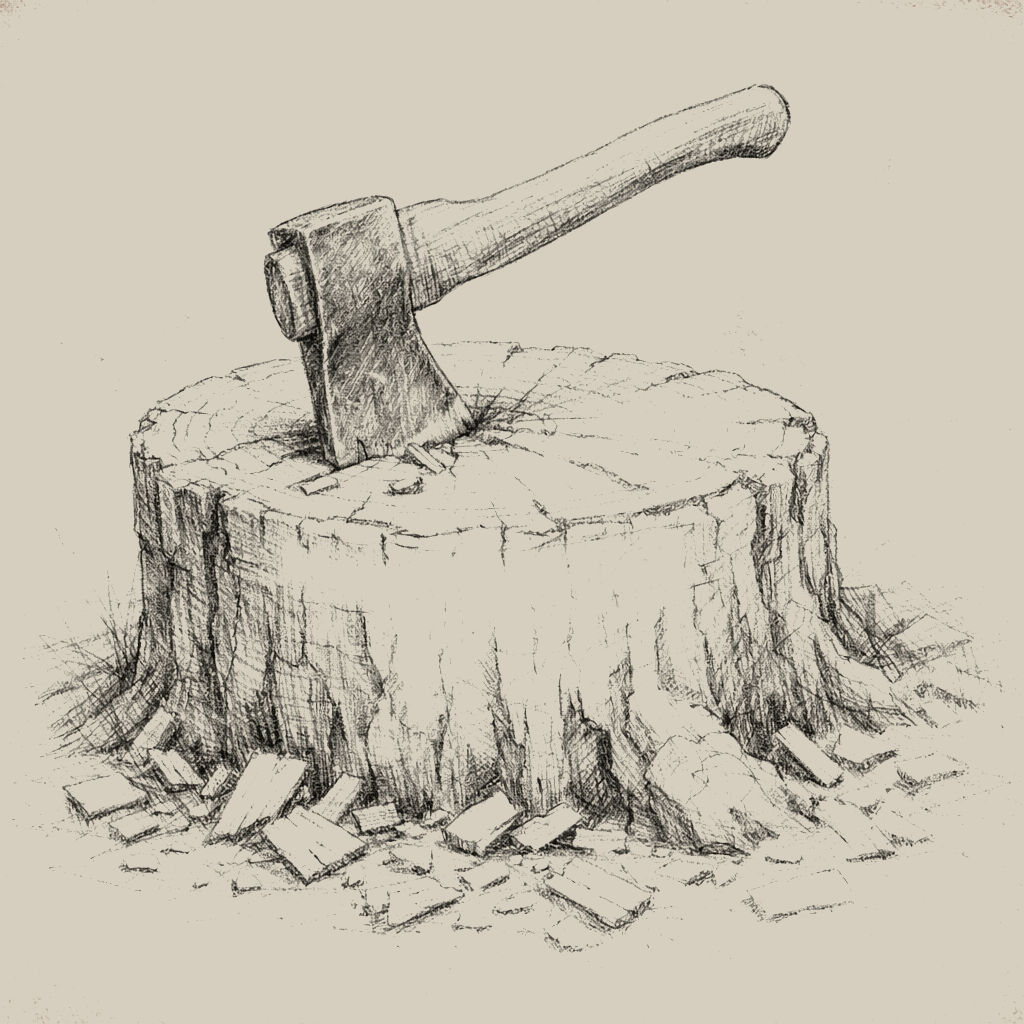 An axe embedded in a stump — the cost is real